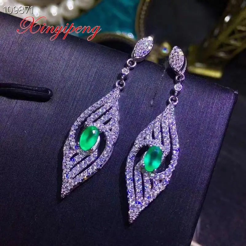 

Xin yi peng 925 silver plated white gold inlaid natural emerald eardrop Women earrings fashion