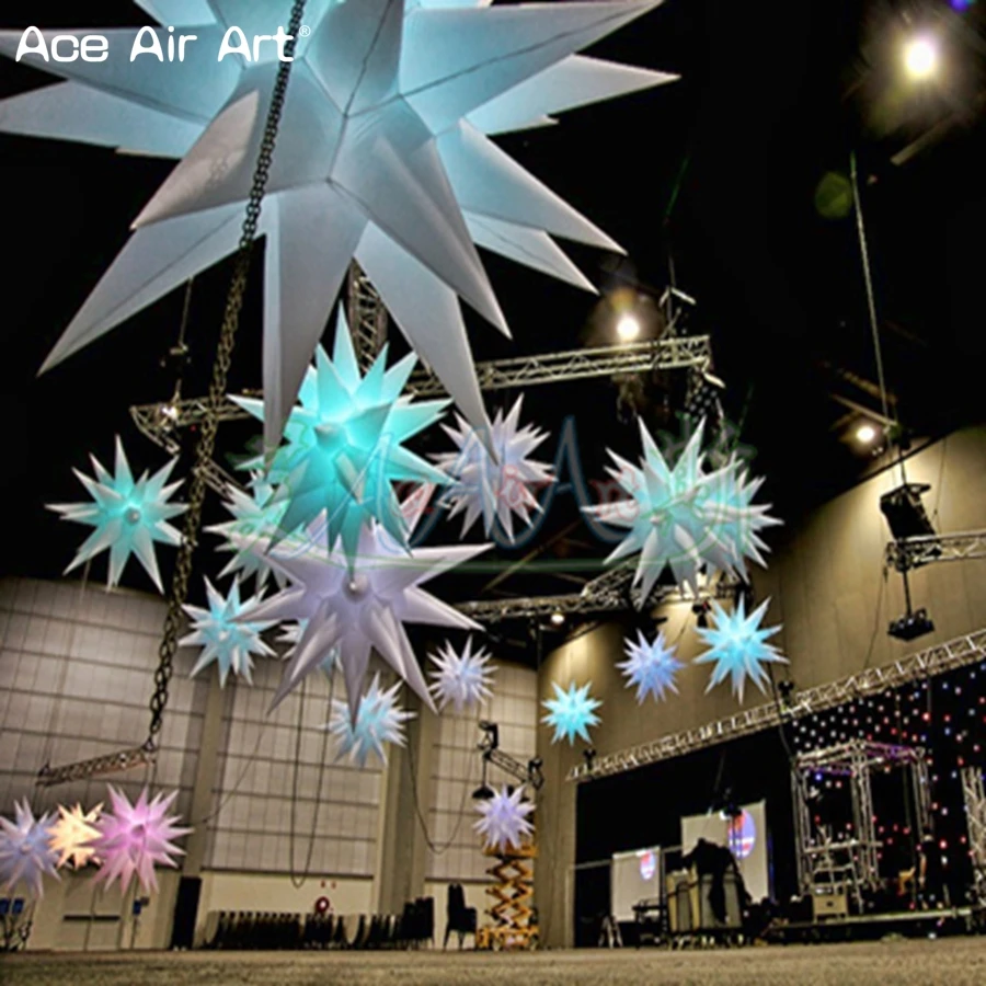 

31 Spikes LED Inflatable Polygonal Star Illuminating White Color Hanging Stars with Mini Fan for Club