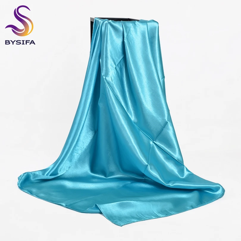 [BYSIFA] Fluorescent Green Women Square Scarves Wraps Autumn Winter Luxury Large Satin Silk Scarf Muslim Head Scarf 110*110cm