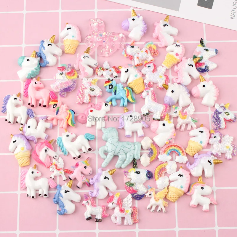 Unicorn Charms for Slime Resin Cabochon Flatback for Phone Cases Random Mix 10pcs 30mm Kawaii Resin Unicorn Cabochons Flat Back