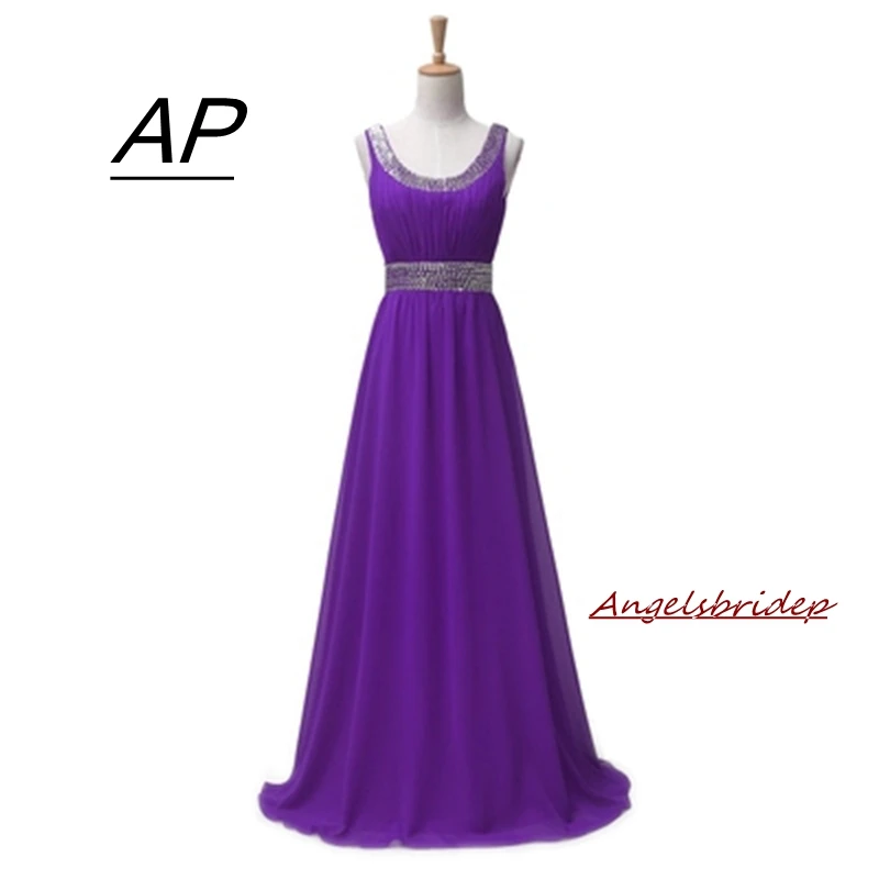 

ANGELSBRIDEP Scoop Neck Bridesmaid Dresses long Vestido Madrinha Beading Waist Full-Length Chiffon Party Gown Formal Dress 2021