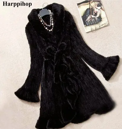 Harppihop-abrigo de piel de visón con manga mariposa, chaqueta de punto Natural, 2019 delgada, estilo largo