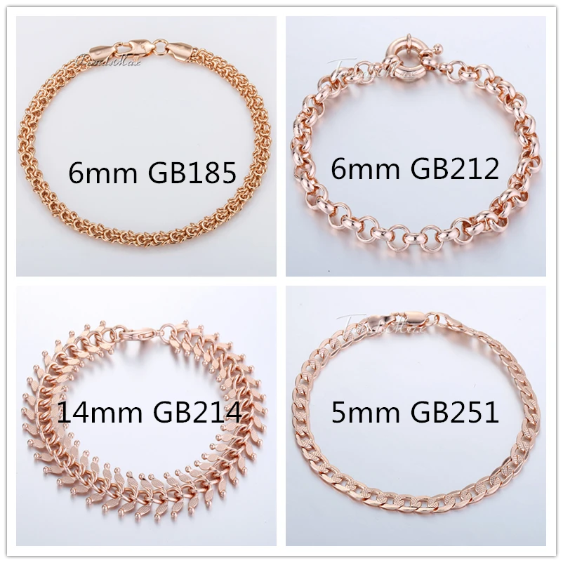 3/4/5/6/7/8/14mm Wide 585 Rose Gold Color Bracelet for Women Chain Snail Curb Braided Foxtail Link 18/20cm Women Jewelry GBM01