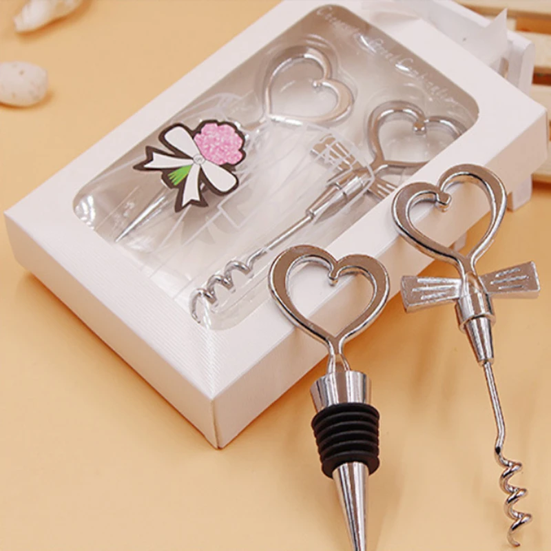 100 Sets Wine Bottle Opener Heart Shaped Combination Corkscrew Bottle Opener and Wine Stopper Sets Wedding Souvenirs