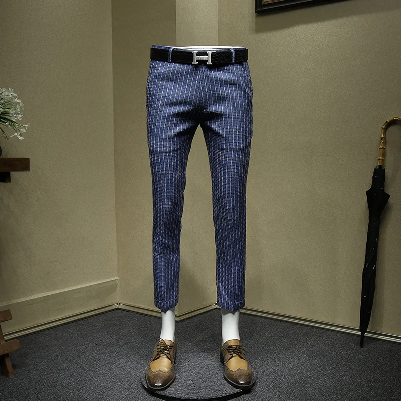 mens dress pants summer thin cropped pants legging fashion office pants men blue grey striped wedding wear slim fit