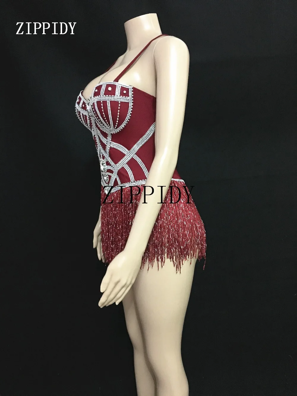 New design Shining Crystals Red Tassels Bodysuit Sparkly Stage Dance Performance Outfit Nightclub  Wear Show Clothes