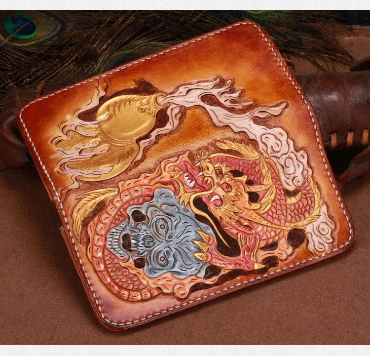 Women Genuine Leather Card Holder Wallets Hand Engraving Chinese Dragon Bag Purses Men Clutch Vegetable Tanned Leather Wallet