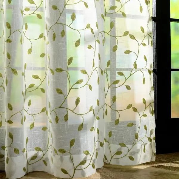 Embroidery Leaves Sheer Tulle Curtains For Living Room  Window Screening Eyelets Sheer Voile Curtain Cortinas Rideaux CL-1