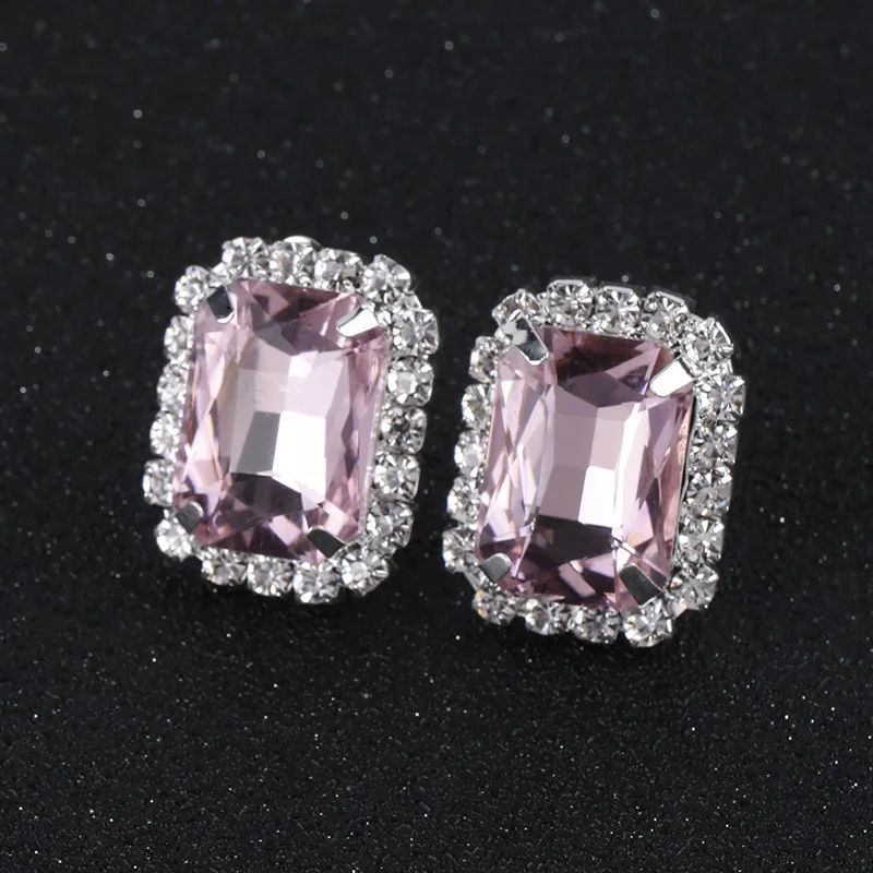 TREAZY Fashion Pink Crystal Oblong Clip Earrings For Women Jewelry Charm Rhinestones Bridal Earrings Wedding Prom Jewelry Gifts