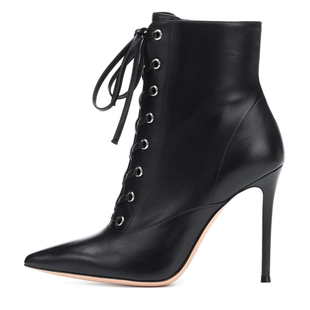 Mulheres de luxo Inverno Botas Dedo Apontado Tornozelo Primavera Outono Botas PU Couro Padrão Gladiador Lace Up Fino Salto Alto Tamanho Grande