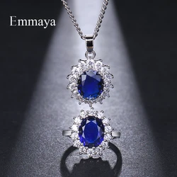 Emmaya Jewelry Set For Women Bridal Wedding Blue Austrian Crystal Necklaces Adjustable Ring Set Gift Wedding