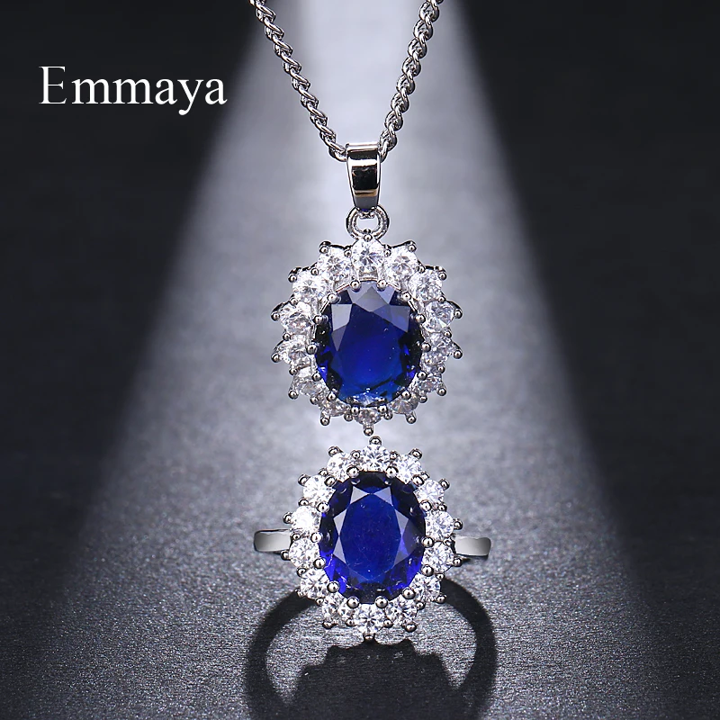 Emmaya Jewelry Set For Women Bridal Wedding Blue Austrian Crystal Necklaces Adjustable Ring Set Gift Wedding