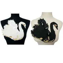 Black White Swan 3D Feather Flowers Rhinestone Embroidered Fabric Appliques Sew On Patches For Wedding Dress DIY Decoration