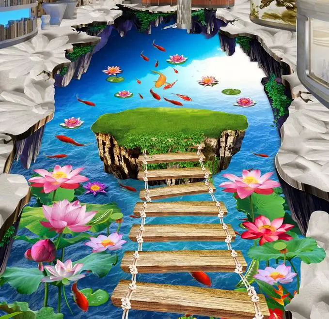 

custom 3d floor Lotus carp self-adhesive wallpaper pvc vinyl flooring wall papers home decor living room vinyl floor tiles