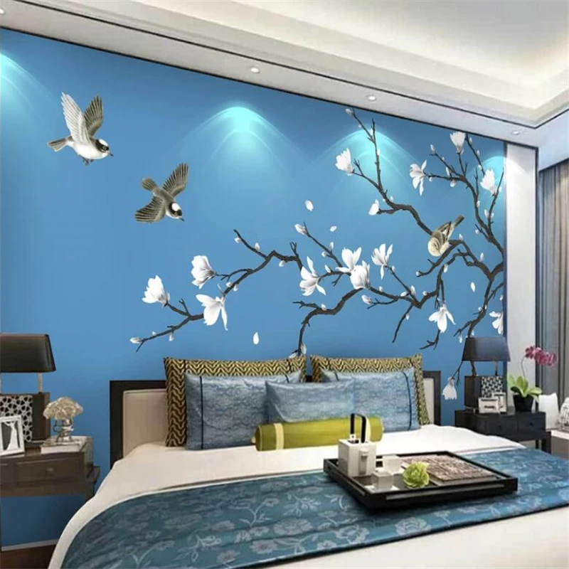 beibehang Custom wallpaper 3d white magnolia hand-painted pen and flower Chinese background wall decoration painting wallpaper