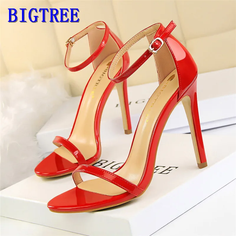 

BIGTREE Concise Buckle Women's Dress Sandals Super High Heels Pumps Open Toe Red Wedding Sandals Women Thin Heel Patent Leather