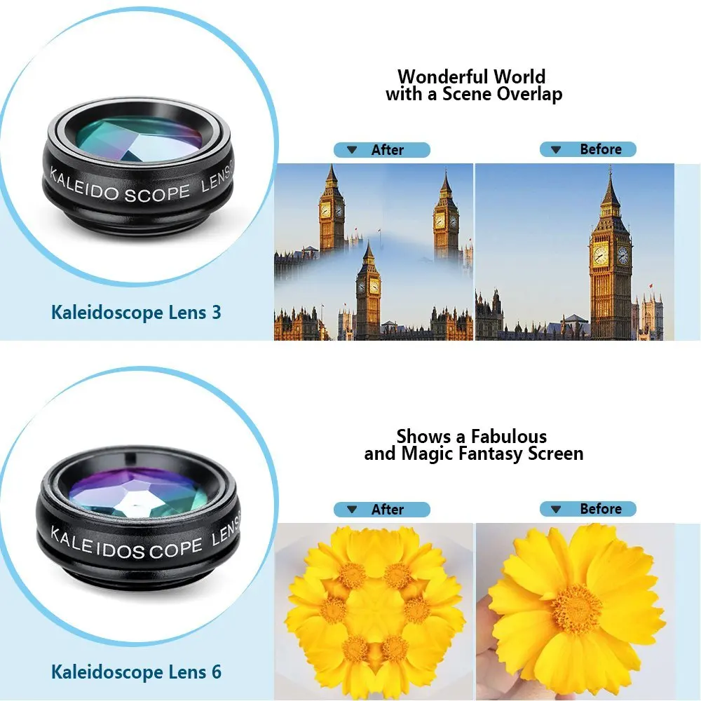 APEXEL 10in1 CellPhone Camera Lens Kit Wide Angle&Macro Lens+Fisheye Lens Telephoto Lens CPL/Flow/Star/Kaleidoscope for phones