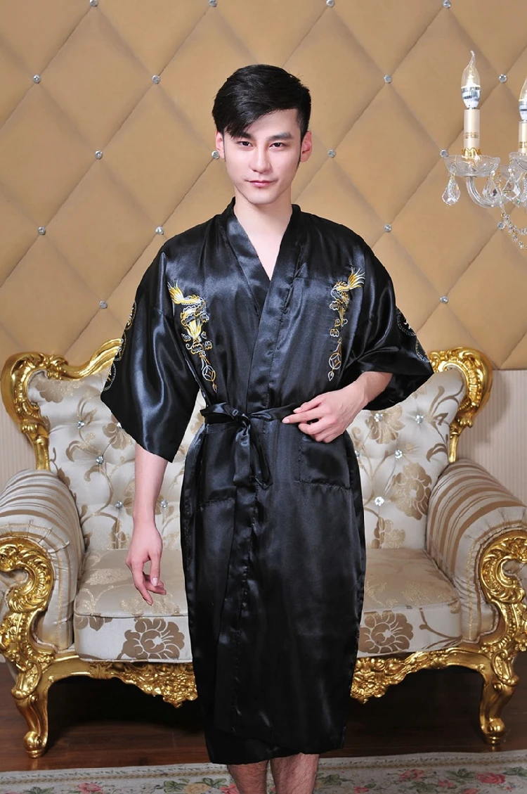 

Shanghai Story hot sale Navy Blue Chinese Men's Faux Silk Satin Embroider Kimono Robe Gown Dragon 5 color