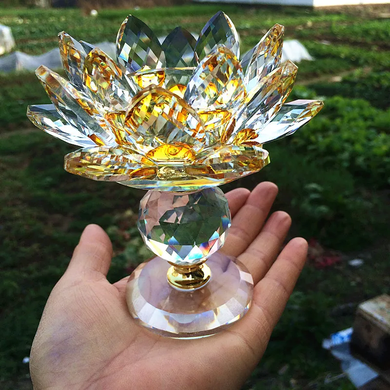 Golden Crystal Candlestick Glass Lotus 110*130mm Flower Candle Craft Holder Tealight wedding centerpieces For Buddhist Services