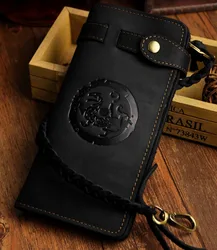 Hot Sale Cattle Male Organizal Crazy Horse Real leather Design Checkbook Chain Wallet Purse Clutch Handbag For Men 3377