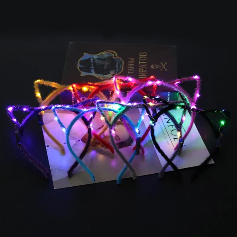 Cat Ears Headband Plastic LED Light Up Head Hoop Glowing In The Dark Halloween Decoration Hair Band Cute F20173634