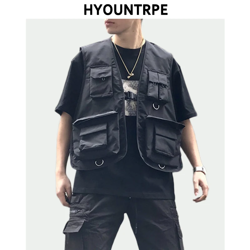 

Hip Hop Loose Vest Sportswear Men Casual Cargo Waistcoat with Pockets Military Jacket Coat Streetwear Tactical Vests Sweatshirts