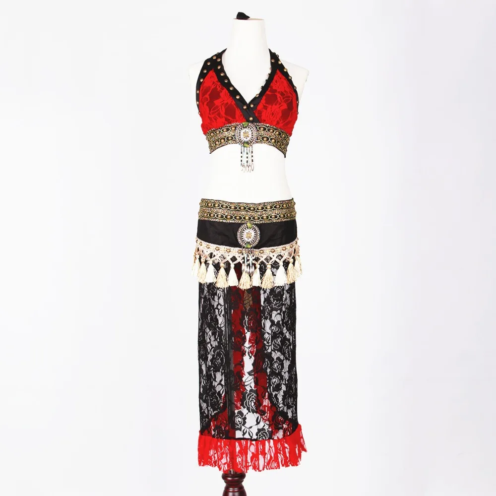 Floral Lace Tribal Belly Dance Clothing Studded Plus Size 3-piece Fringe Costume Set Women Crop Tops Belt Pants