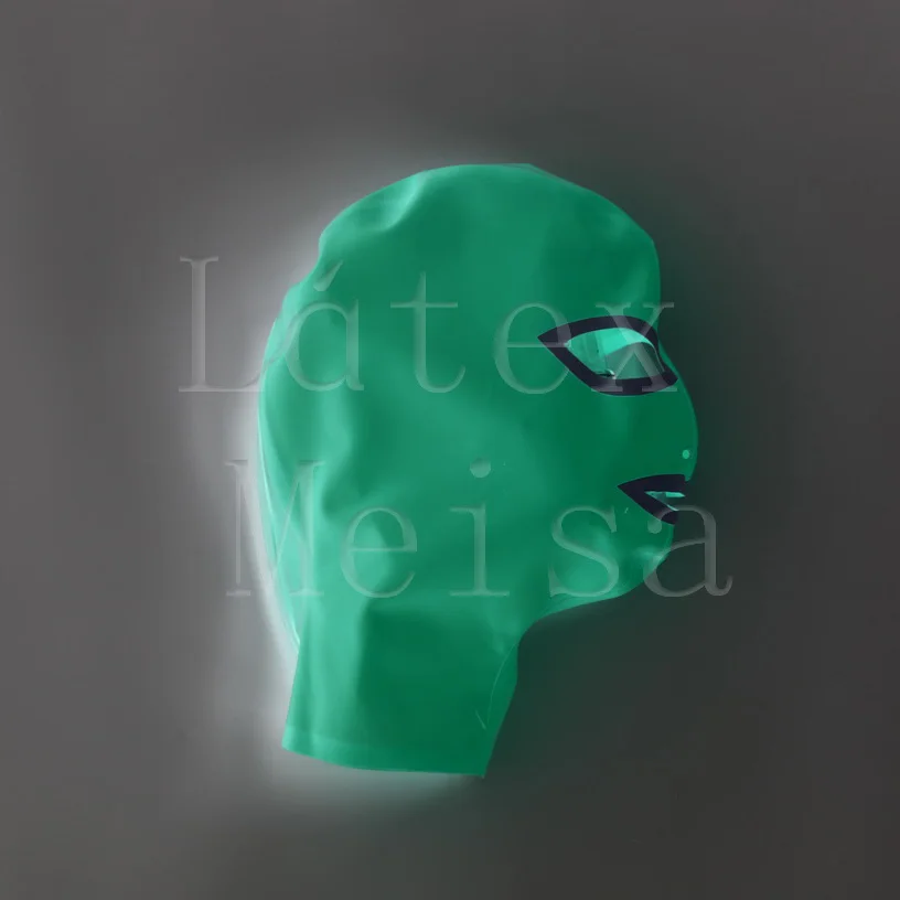 

Apple green latex hoods with open eyes nostrils and mouth