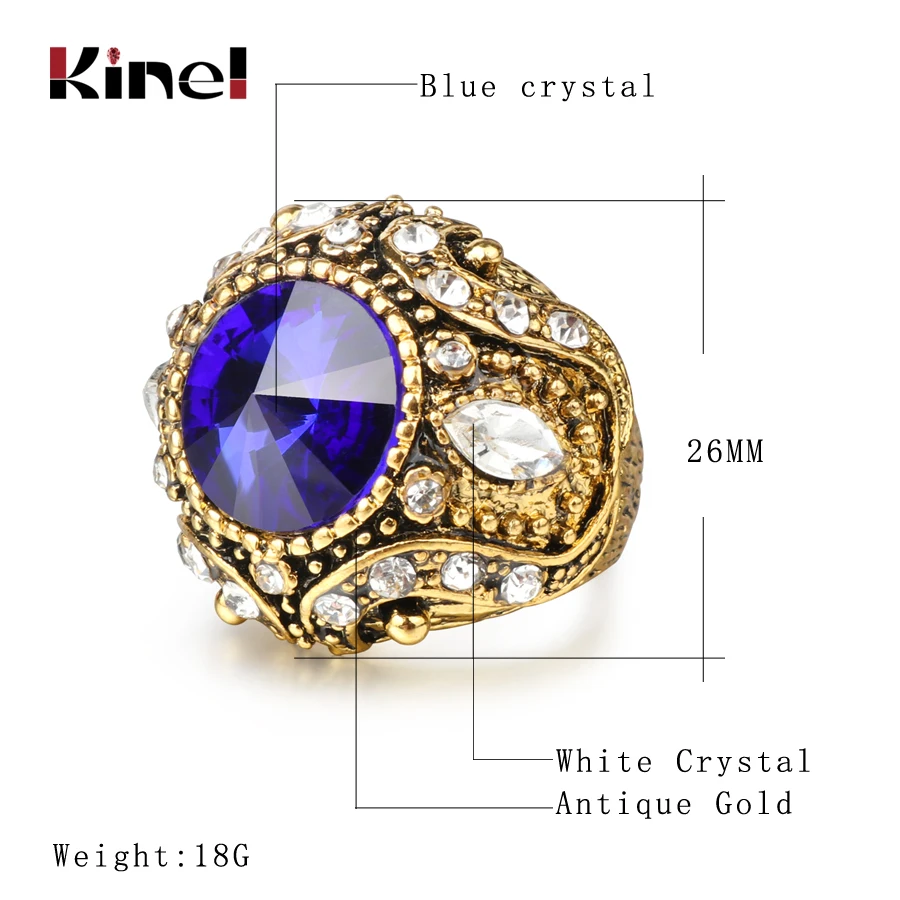 Kinel Luxury Red Blue Green Crystal Wedding Engagement Rings For Women Vintage Antique Gold Ring Turkish Indian Jewelry