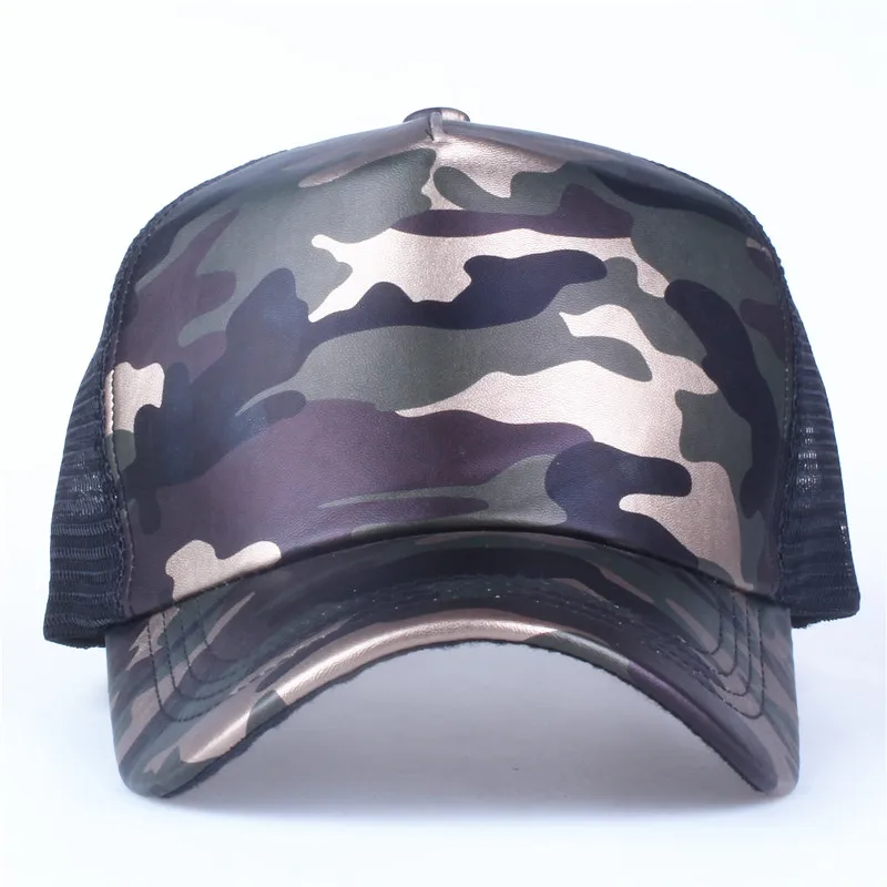 Xthree 5 Panels Summer Baseball Cap Mesh Cap Faux Leather Camouflage Snapback Hat Men Hip Hop Casquettes Hats for Women Bone