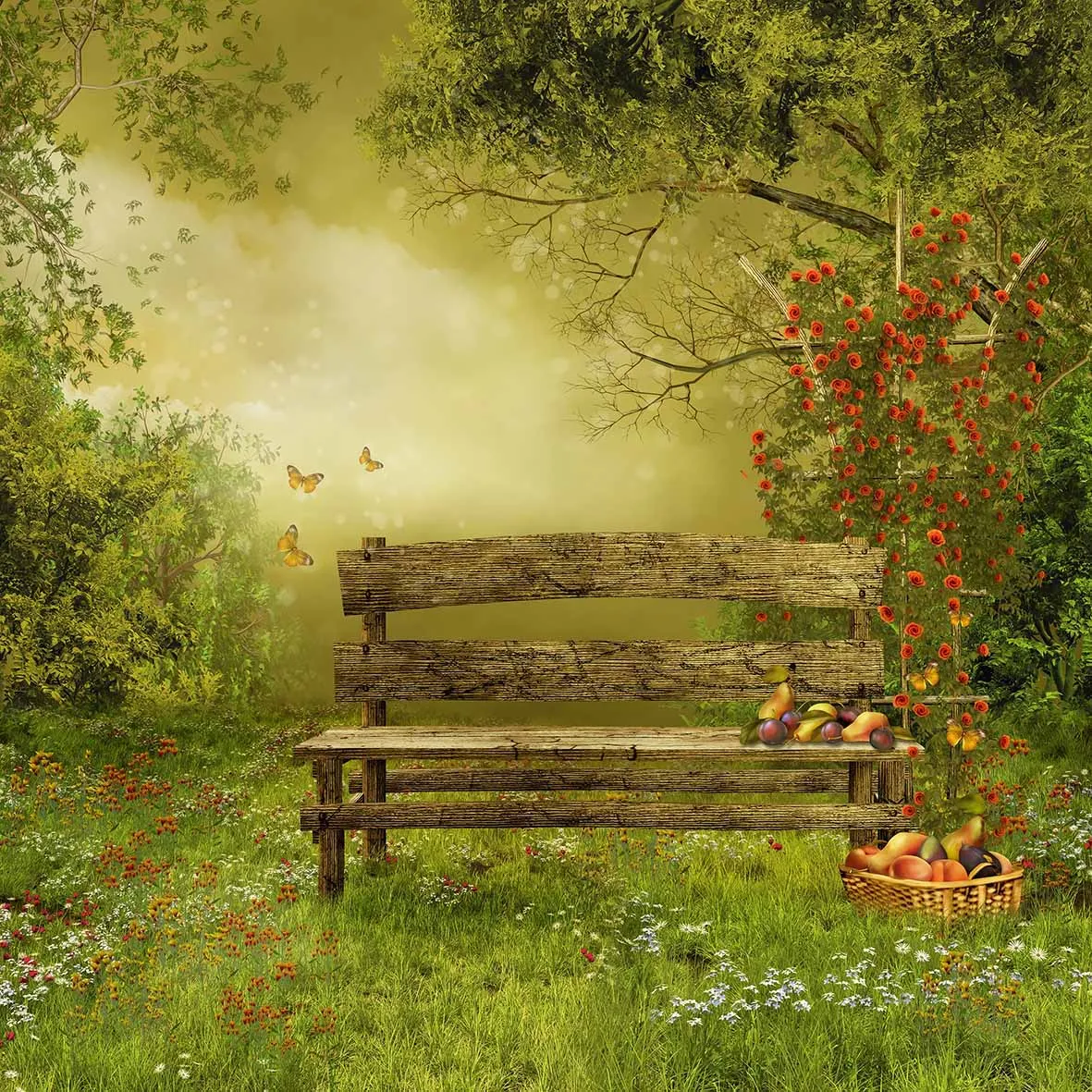 Funnytree vintage wooden bench in a village orchard backdrop fruit trees photographic background photocall photo backdrop