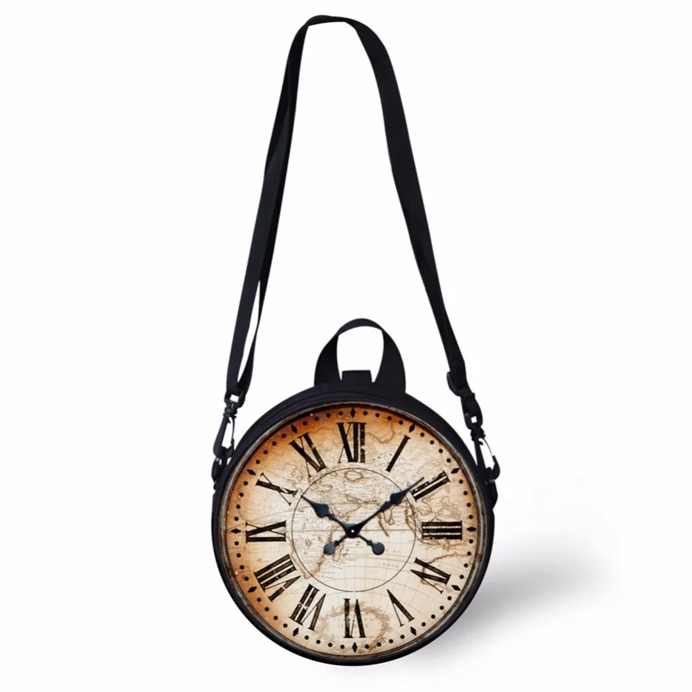 ELVISWORDS Fashion Circle Crossbody Pack Mini Girls Round Bag Cute Clock Print Women Shoulder Sac Clock Bag Lady Purse Wholesale