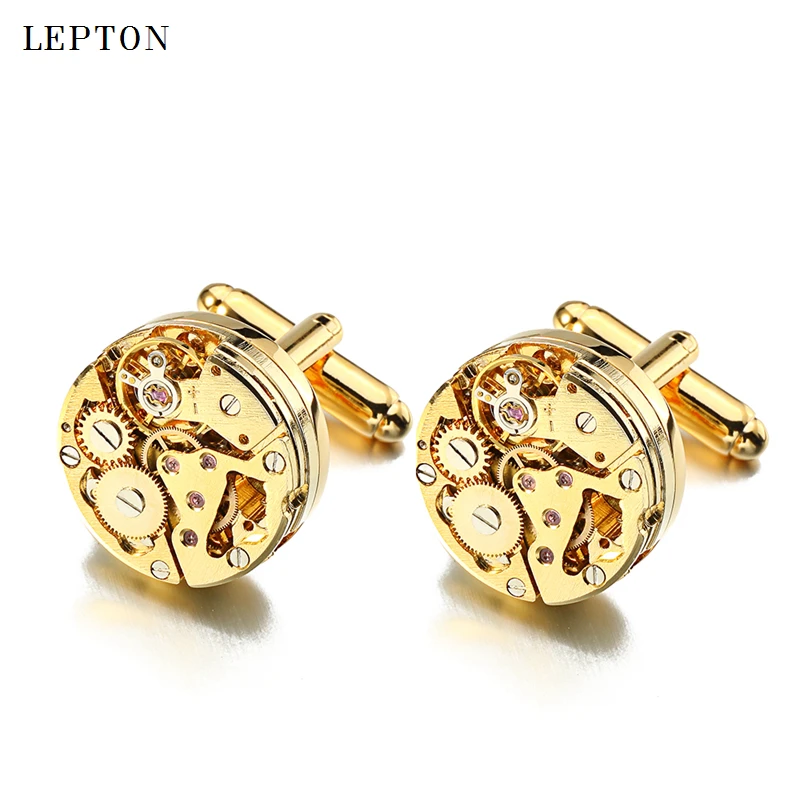 Lepton Watch Movement Cufflinks for immovable Gold Color Steampunk Gear Watch Mechanism Cuff links for Mens Relojes gemelos