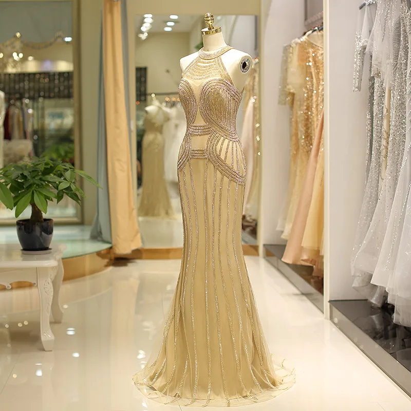 Elegant Halter gold mermaid evening party dress diamond chains shinning long Prom dress and back