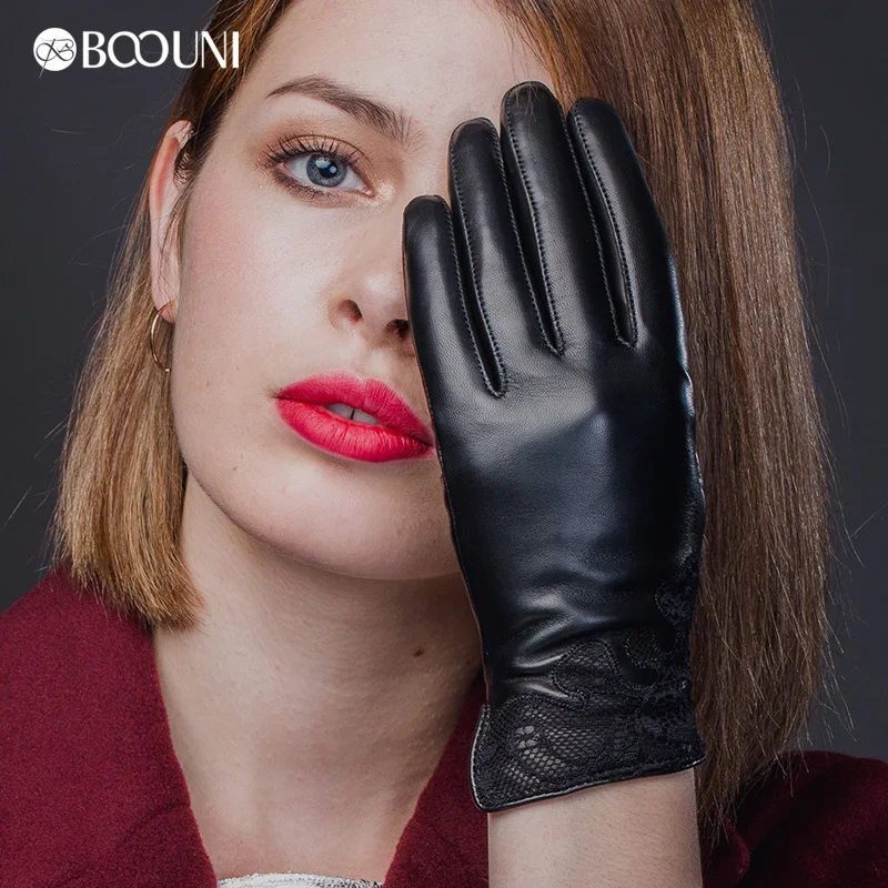 BOOUNI – gants en cuir véritable pour femmes, haute qualité, mode, noir, dentelle brodée, en peau de mouton, hiver, pour conduire, NW075