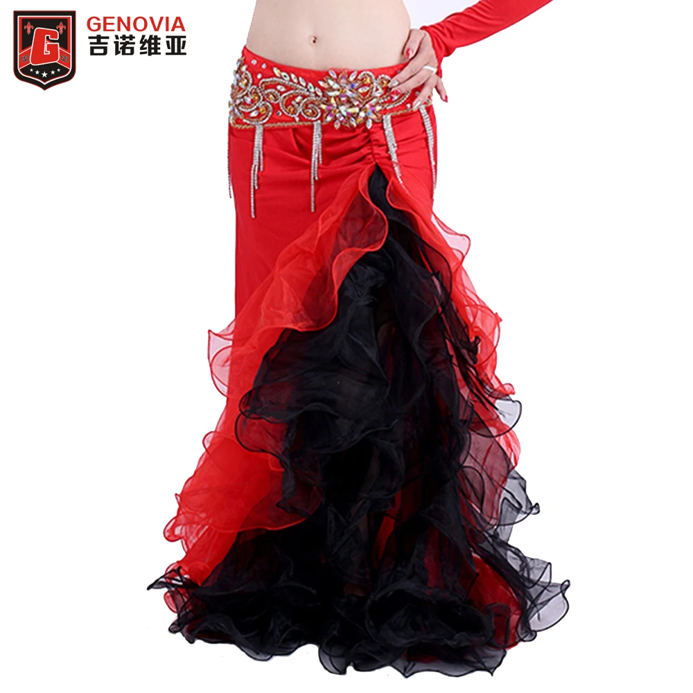 

Женский костюм для танца живота, профессиональная юбка с разрезом и волнистыми вставками, танцевальный костюм