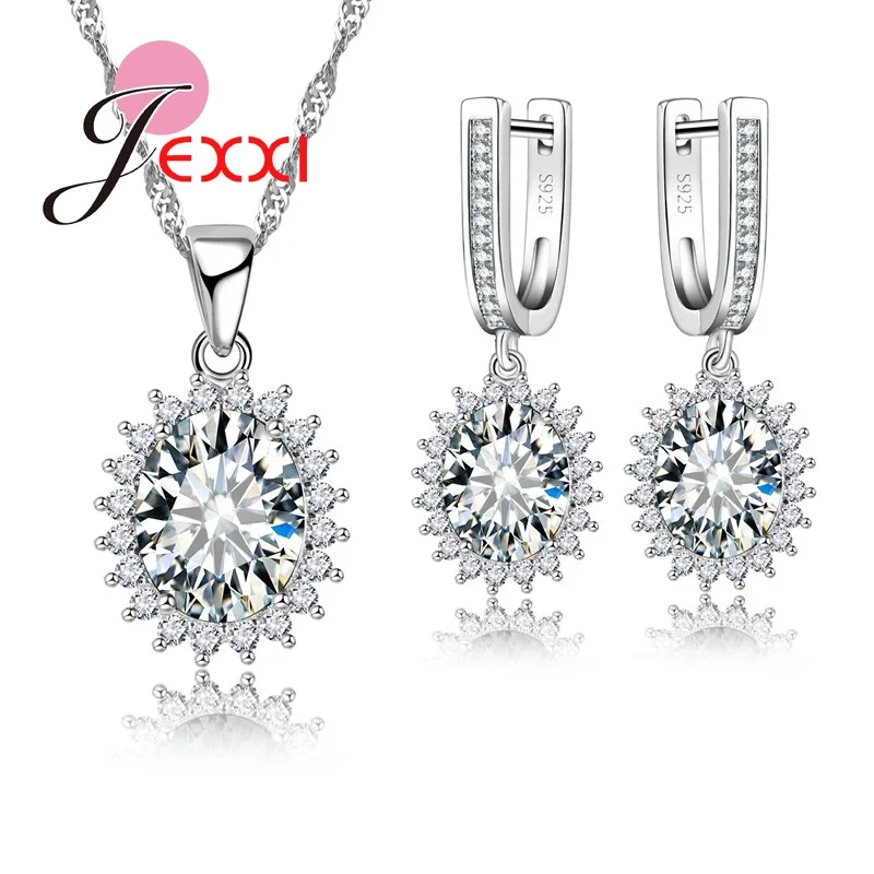 

New Arrival Wholesale Austrian Crystal Oval Pendant Necklace Earrings Jewelry Sets Sterling Silver Jewlelry