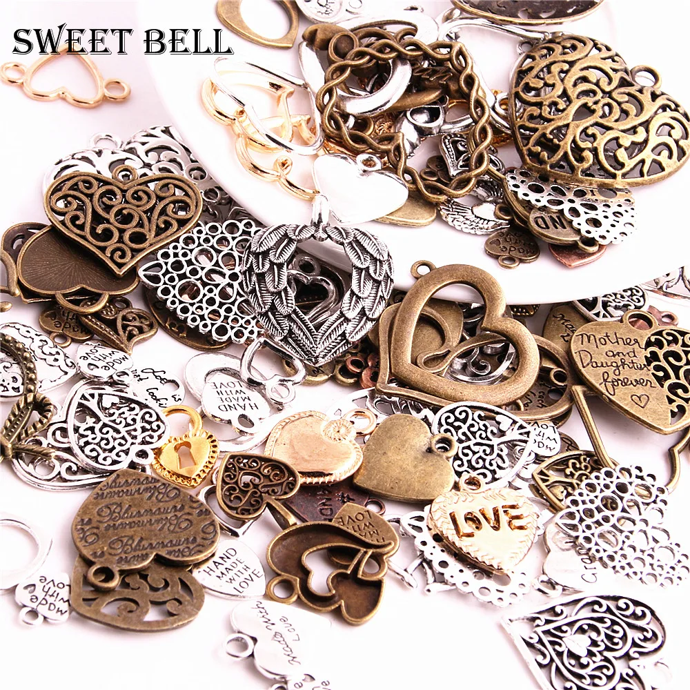 100pcs Vintage Metal Mixed Hearts Charms Fashion Retro Love Pendant For Jewelry Making Diy Handmade