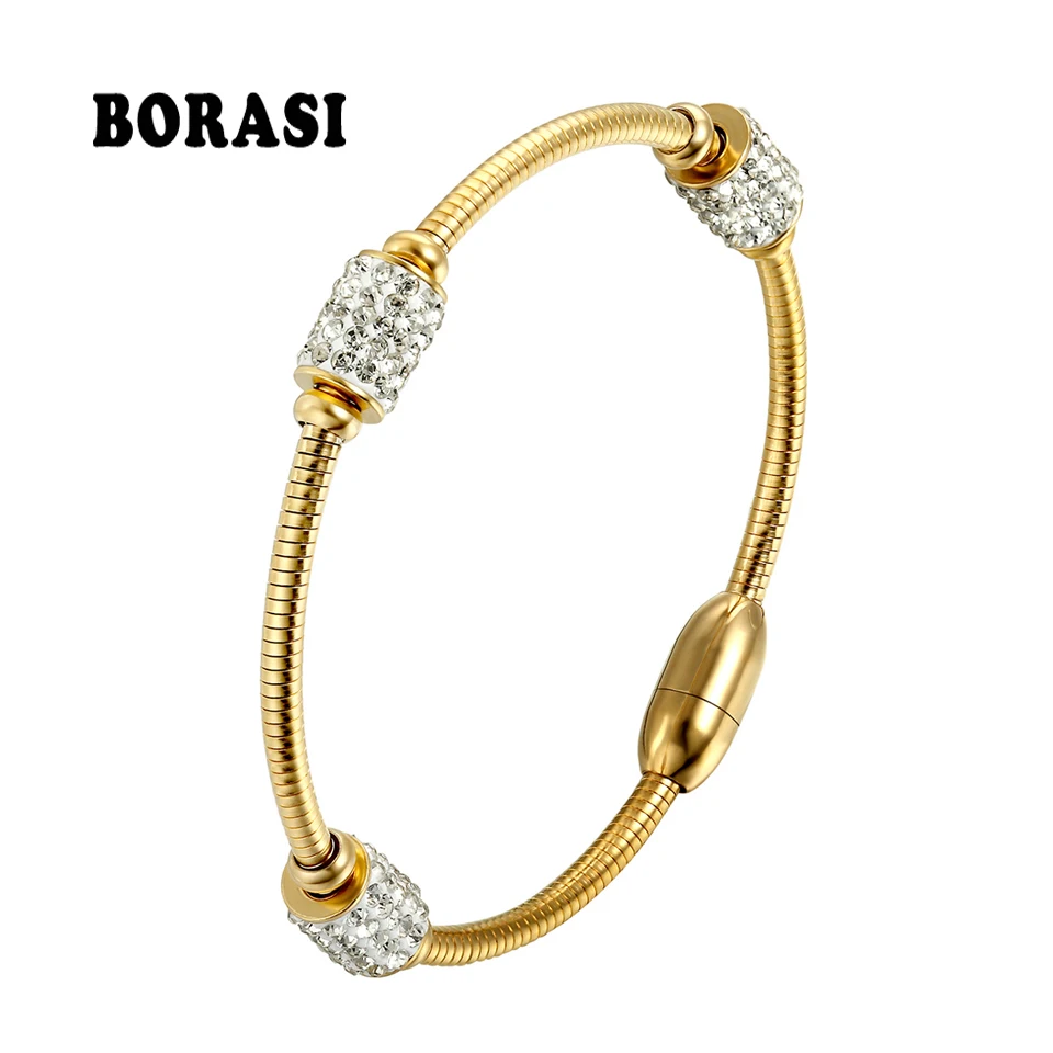 BORASI Stainless Steel Bracelet Surface Three oval Crystals Bracelet Bangle Cubic Zircon Gold Color Charm Bracelet For Women New