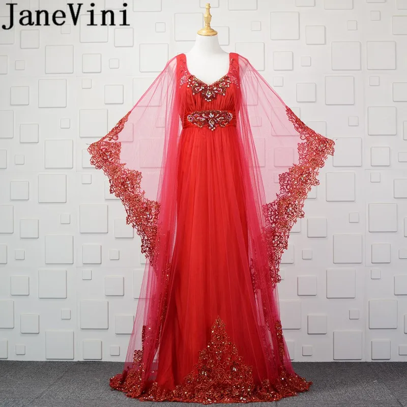 

JaneVini Luxurious Arabic Red Bridesmaids Dresses Wedding 2024 Long Sleeves Tulle Crystal Beaded Appliques Evening Party Gowns