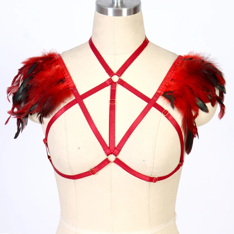 

Red Feather Wings Body Harness Belt BDSM Bondage Body Harness Epaulettes Cape bra Elastic adjust Lingerie Goth Fetish dance wear