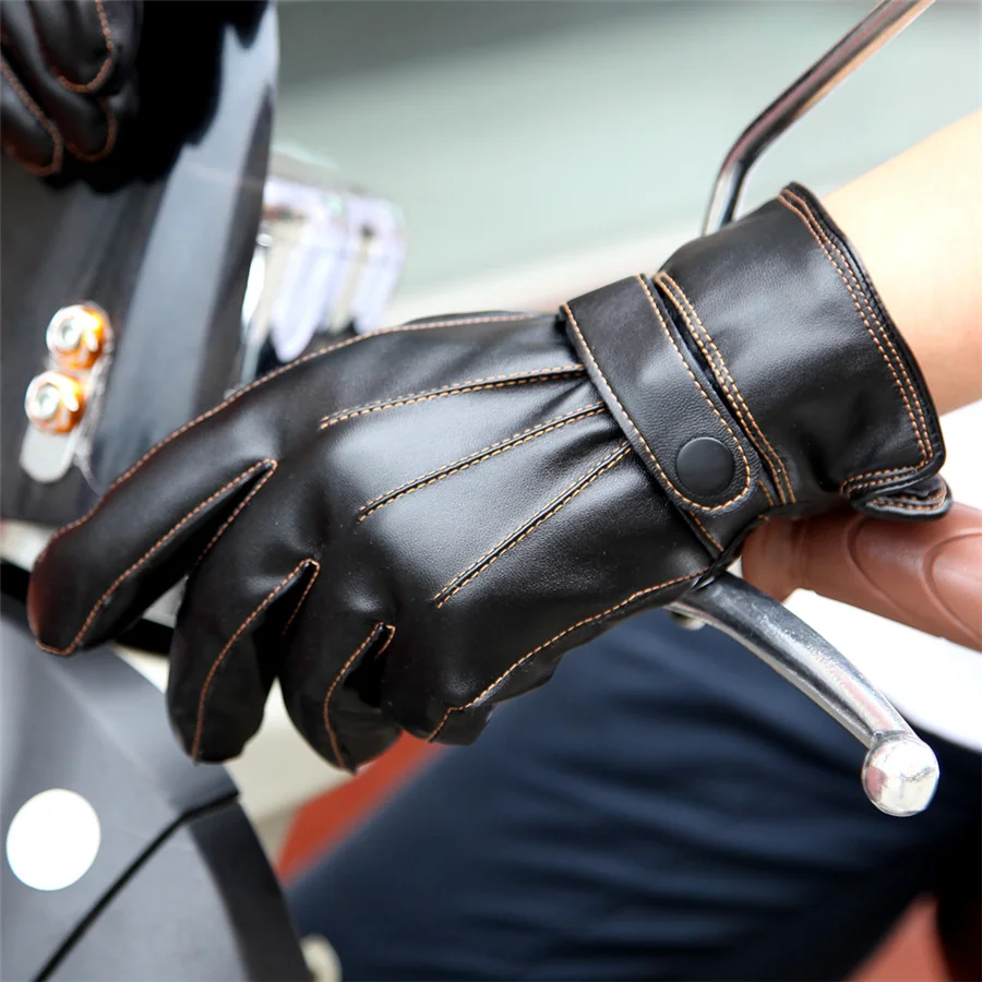 Quality PU Leather Gloves Autumn/Winter Plus Velvet Padded Warm Men Driving Gloves Wind Waterproof Touch Screen PM007PLF-5