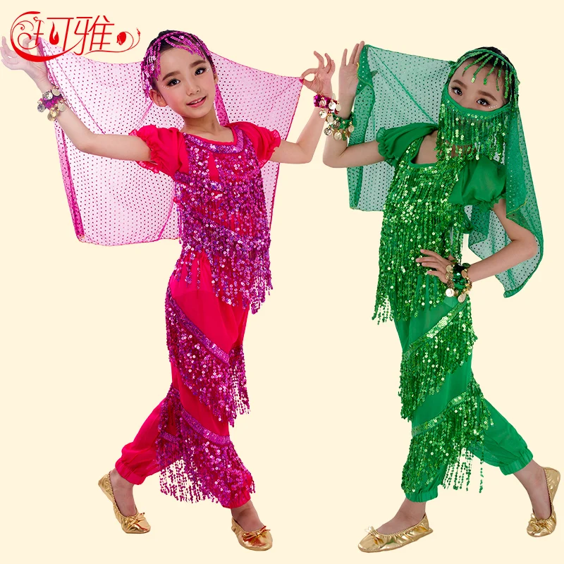 Belly Dance Costume Set for Kids Child Bollywood Indian Bellydance Girls Performance Short Sleeves Belly Dancing Cloth