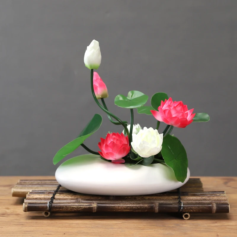 New Chinese  Ceramic Vase+Simulation Lotus Flower Floral Ornaments Crafts Modern Hotel Home Fake Flower Pot Figurines Decoration