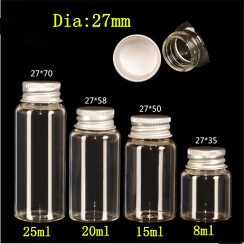 Glass Bottles Crafts with Aluminium Cap Liquid Jars Bottles Decoration Empty 8ml 15ml 20ml 25ml Vials Jars 50pcs