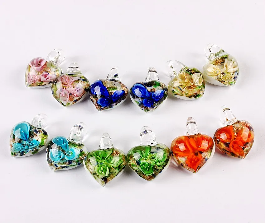 QianBei Wholesale 6Pcs Fashion Heart Shape Flower Charm Glass Pendant Bead Woman For Earring Necklace Jewelry Accessaries Girl