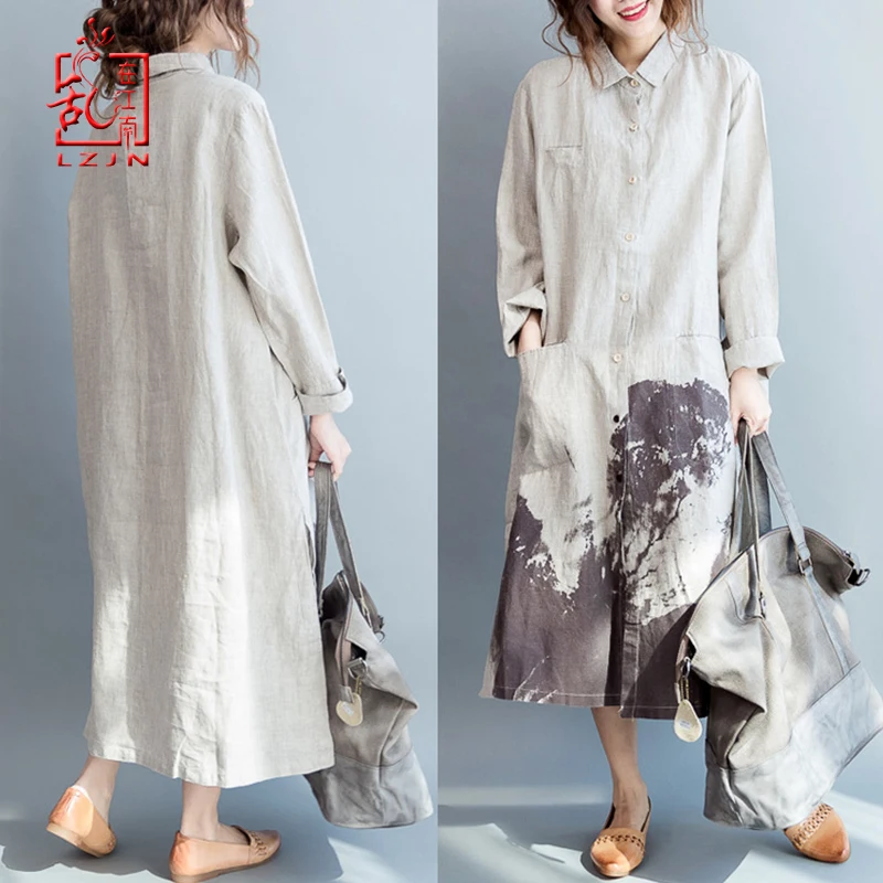 LZJN-Vintage Painting Long Dress for Women, Long Sleeve Shirt, Loose Cotton Linen, Casual Fashion, Button Down, Summer