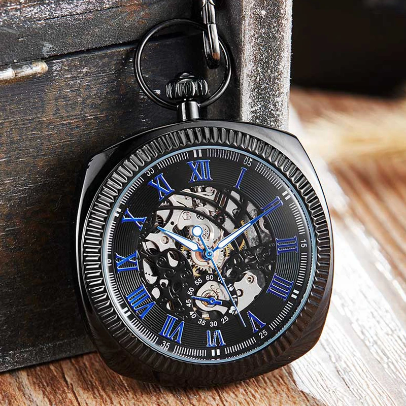 

Antique Black Mechanical Pocket Watch Men Women Roman Numerals Dial Clock Luxury Golden Skeleton FOB Chain Watches Drop Ship