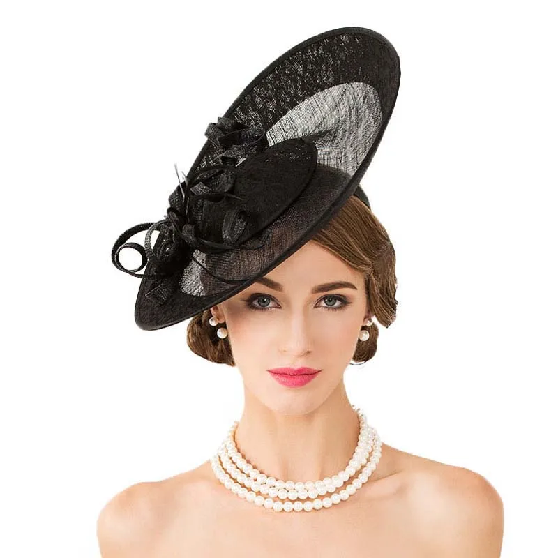 

British Royal Hat Black Linen Fedora Fascinator Wedding Dress Elegant Large Brim Kentucky Derby Hats For Women Ladies Church