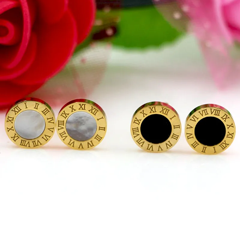 New Hot Charming White Shell And Black Enamel Roman Numerals Pattern Round Fashion Famous Brand Stud Earrings For Woman